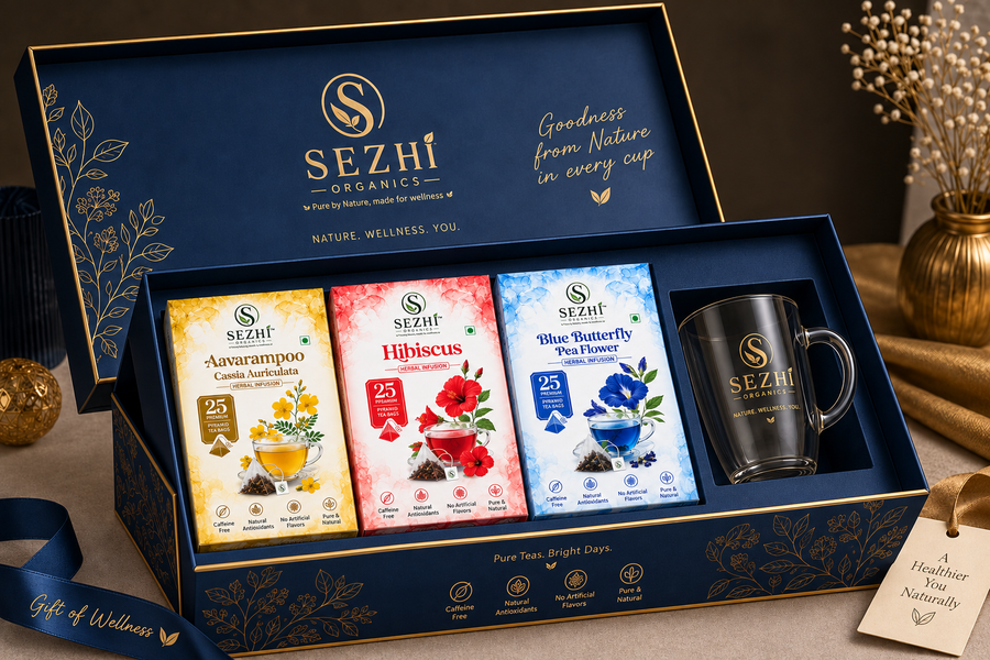 Wellness Combo or Gift Pack – Butterfly Pea, Hibiscus & Avarampoo Herbal Infusions (Free Glass Cup)